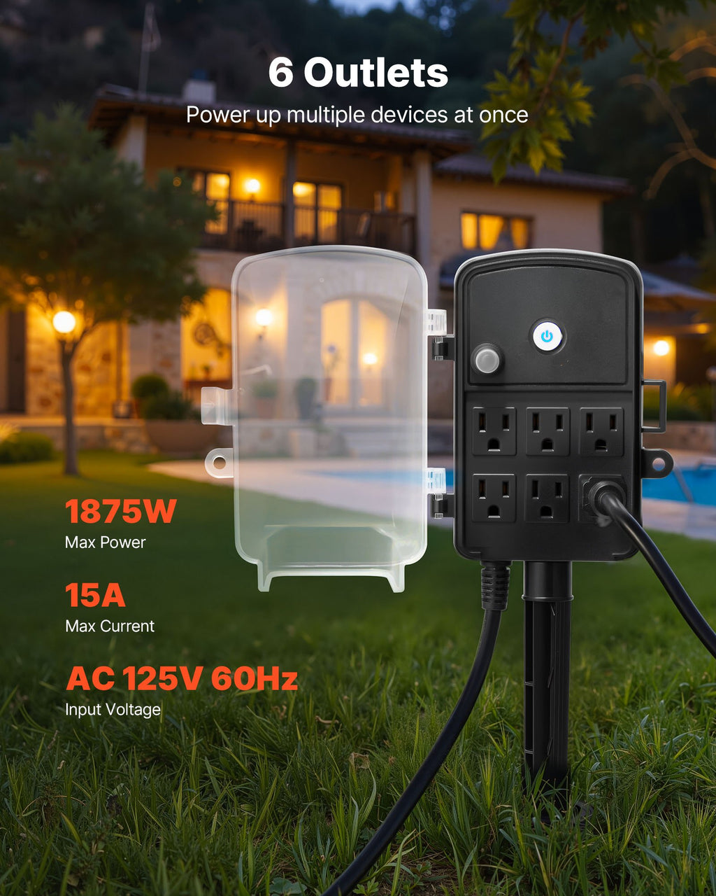 6 outlets, 15 ft to 50 ft cords rated 15A / 1875W