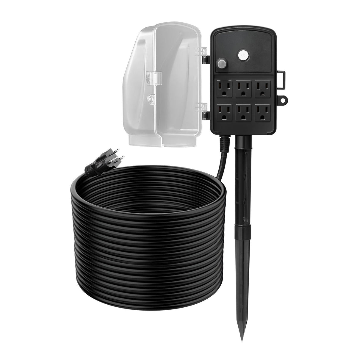 100 ft outdoor power stake extension cord with 6 outlets and weatherproof cover
