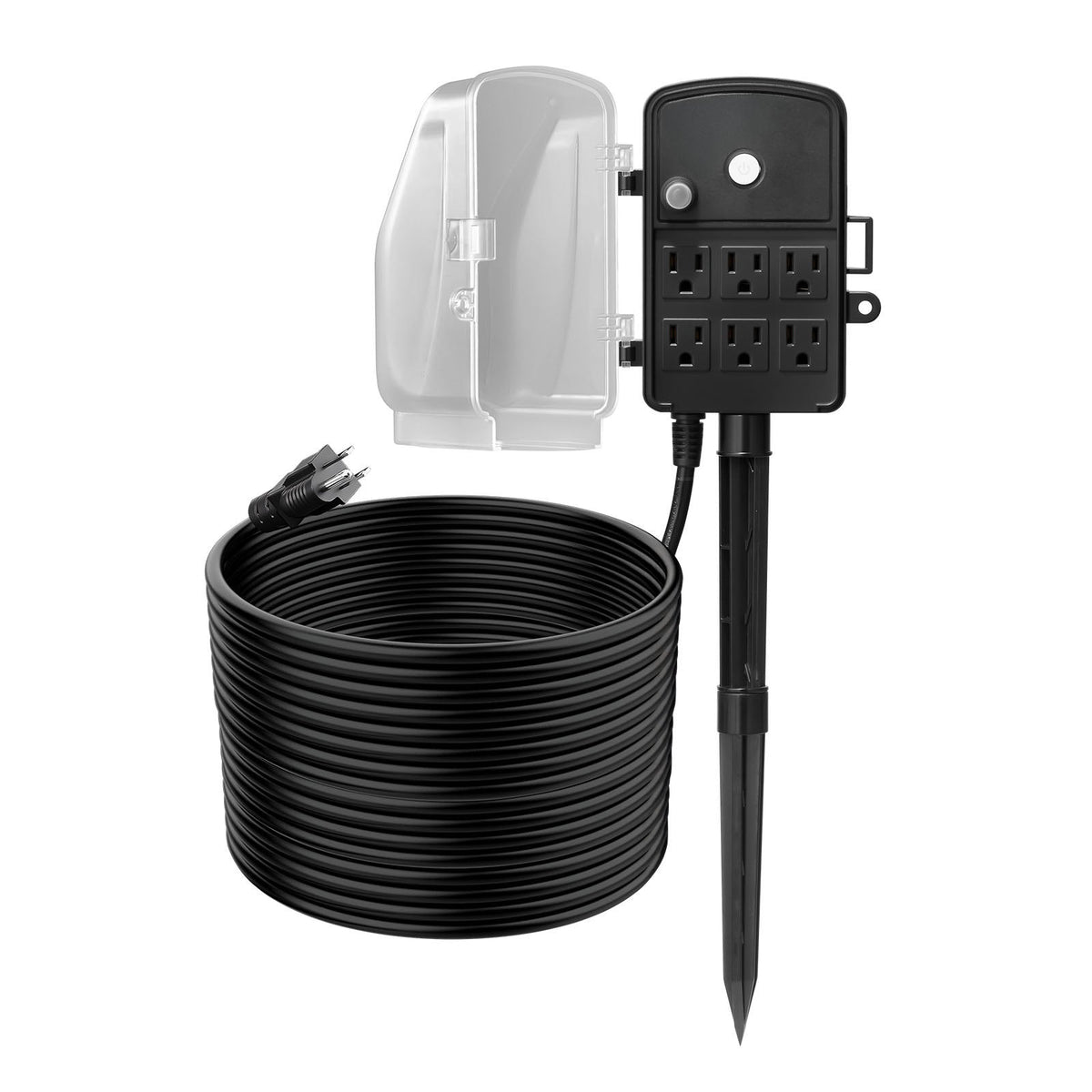 50 ft outdoor power stake extension cord with 6 outlets and weatherproof cover