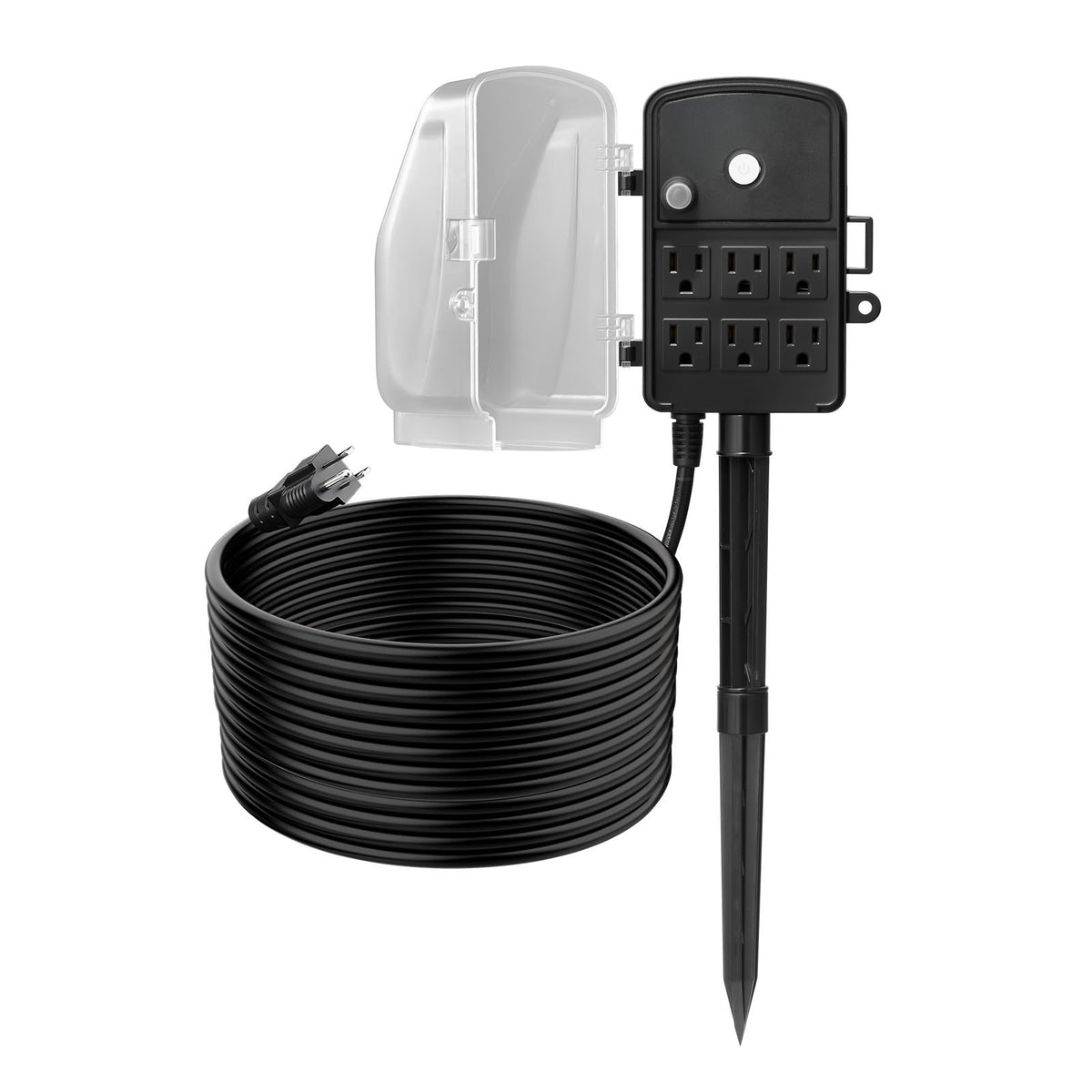 25 ft outdoor power stake extension cord with 6 outlets and weatherproof cover