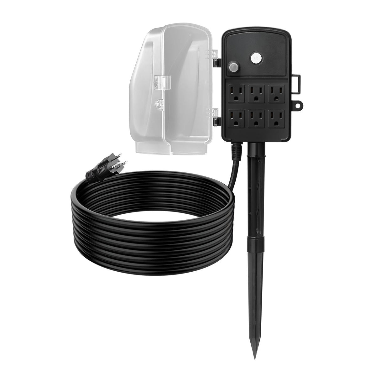15 ft outdoor power stake extension cord with 6 outlets and weatherproof cover