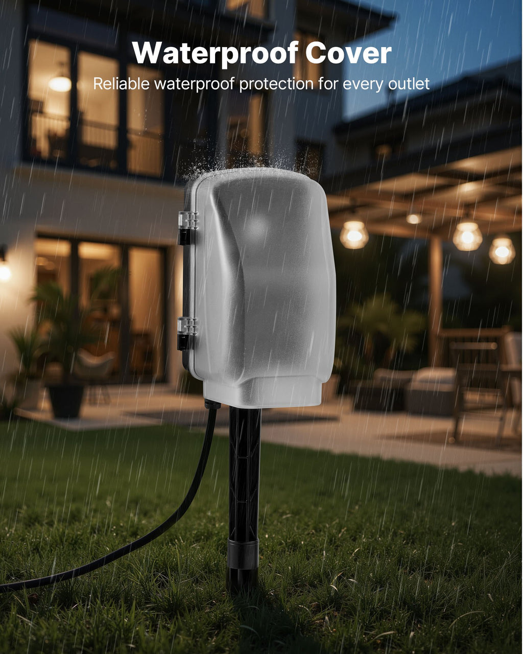 Weatherproof cover protects the outlets from rain